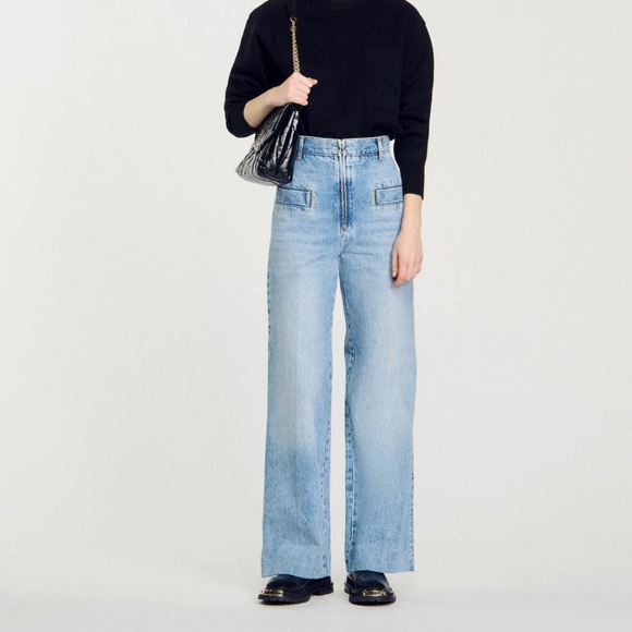 Sandro Wide Leg Jeans Blue Denim High Waist Size 34 - Picture 2 of 13